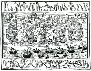 View of Lisbon from Libro de Grandezas y cosas Memoralder de Espana by Pedro Medina, 1548