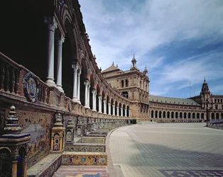 View of the Semicircular Arcade, Each Tiled and Columned Section Representing a Province of Spain, Designed by Anibal Gonzalez y Alvarez Osorio, 1914-28