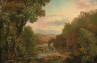 A Classical Landscape with Fishermen and a Washerwoman, a Hilltop Villa and Mountains Beyond