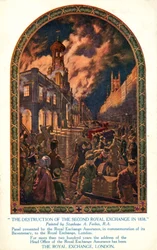 Destruction of the second Royal Exchange in the City of London by fire