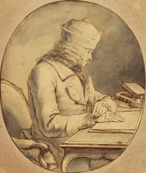 Voltaire seated at a Desk wearing a cap, in profile to the left