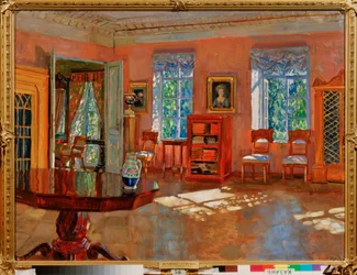 Interior of the Library in a Manor. Painting by Stanislav Yulianovich Zhukovsky (1873-1944), c.1910. Russian Art, 20th Century, Modernism. State Art Museum of Republic Tatarstan, Kazan (Russia)