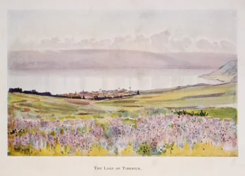 Watercolour by Stanley Inchbold, depicting the Sea of Galilee in Palestine 1906