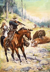 American Cowboys Surround a Bear Crouched Over the Body of a Cow