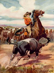 Scene from At the Mercy of Brigands: a cowgirl on horseback being charged by a large steer