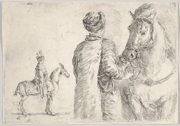 A Polish valet, seen from behind, holding the bridle of a horse to right, ca. 1662