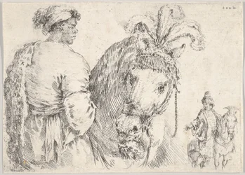 A man at left in profile giving a handful of hay to a horse at center, a horseman to the right, ca. 1662