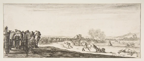 A Procession of Horse-Drawn Cannon Carriages to Left, Horsemen in Combat and a Dead Horse