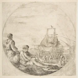 A seated white sailor and a standing black sailor, people building a ship in the backg..., ca. 1660.
