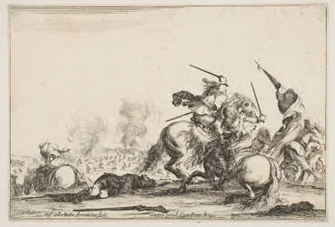A Skirmish, Two Horsemen Battling with Swords to the Right, Men Carrying a Flag Running, ca. 1645