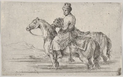 A Valet Taking Two Horses to Bathe, Sitting Atop One Horse in a River, the Other Beside