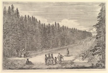An alley of fountains, a group of people, from “Views of the villa at Pratolino”