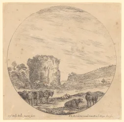 Ancient temple ruin with resting buffaloes and a rider in the background