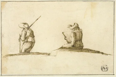 Artist Sketching and Soldier, Both Seen from Back