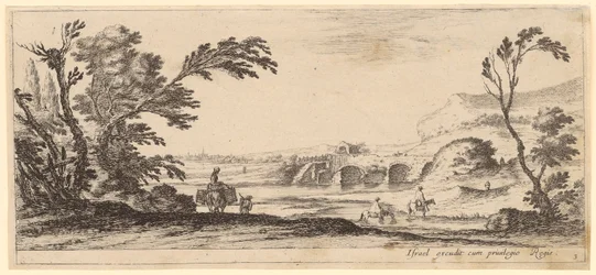 Peasant woman on a pack animal, peasants and two riders crossing a river