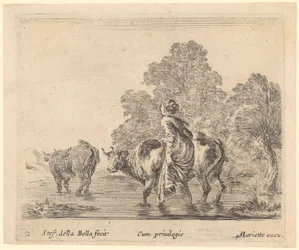 Peasant Woman Crossing a River with Two Cows