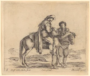 Peasant on a horse, in profile facing right, with a second standing peasant behind the horse