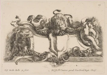 Cartouche Containing an Empty Shield Surmounted by a Lion and Framed by a Lion and a Child, 1646
