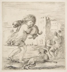 Child Carrying a Puppy on His Shoulder