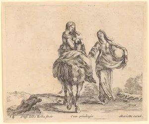 Woman with Child on a Donkey, Accompanied by a Second Woman