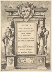 Frontispiece: a monument decorated with the Medici coat of arms at top in center, flames