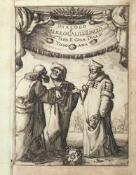 Galileo conversing with Ptolemy and Copernicus, illustrated frontispiece from Dialogue Concerning Two Chief World Systems, Ptolemaic and Copernican