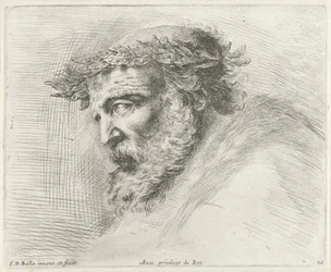Head of an old man with beard and laurel wreath, in profile to the left