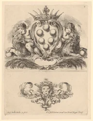 Cartouche with Two Children on Lions, Below a Lion