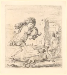 Child Carrying a Puppy on Its Left Shoulder