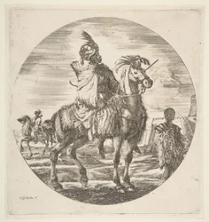 Moorish horseman in profile facing right, a black slave holding a fur at right, another