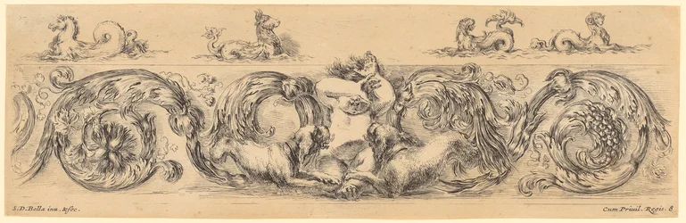 Ornamental Frieze with Naked Child in the Center, Flanked by Two Dogs Facing Him, Above Four Mythological Sea Creatures