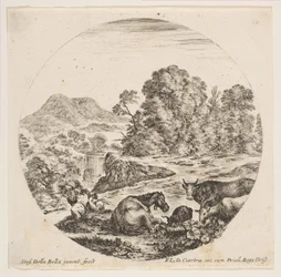 Plate 10: A Horse Lying Down at Center, a Cow and Two Goats at Right, Two Seated Shepherds
