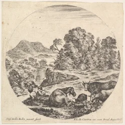 Plate 10: a horse lying down in center, a cow and two goats to right, two seated shepherds