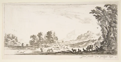 Plate 11: Shepherdess Seated to the Right Under a Tree, Watching Her Flock to the Left, ca. 1641