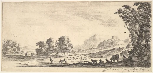 Shepherdess seated to the right under a tree, watching her flock to the left