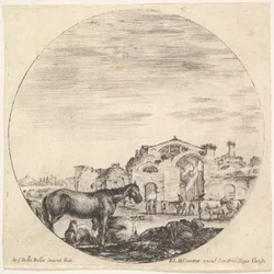 A Shepherd Sleeping on the Ground to Right, Three Horses to Left