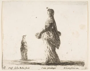 Plate 18: a noblewoman walking towards the left with a feathered fan, another woman
