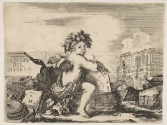 The Genius of Drawing, a Child with Wings, Seated on a Rock