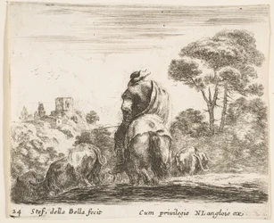 Herdsman atop a horse, seen from behind, leads his cattle down a hill