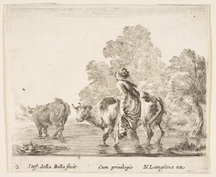 Plate 2: A Peasant Woman Herds Two Cows Across a Stream, Walking Towards the Left, ca. 1644-47