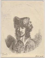 Plate 2: Head of a Man with a Moustache and Fur Cap Facing Left, an Oval Composition