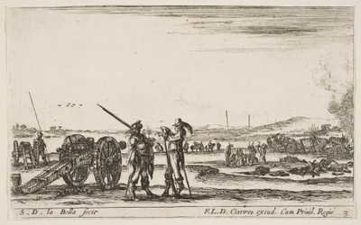Plate 3: An officer giving orders to a soldier in centre foreground, cannon at left