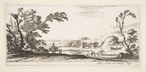 Plate 3: two horsemen crossing a river to right, a woman with two baskets atop a donkey, ca. 1641