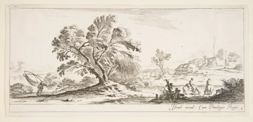 Plate 6: A Fisherman Carrying a Net to Left, Two Horsemen in a Stream to Right, a Tree