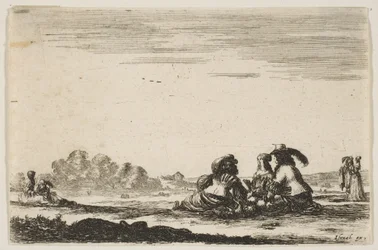 Two noblemen seated in center, seen from behind, conversing with a noblewoman