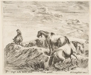 Two Horses Ascending the Bank of a River at Right, Following a Procession