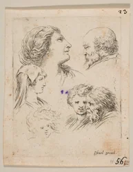 Plate 9: Five Heads, Two Young Women at Left, a Bearded Man at Upper Right, a Young Woman