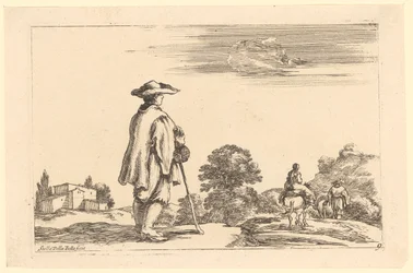 Traveler in Side Back View at a Farm, with a Riding Woman and a Man with Horse