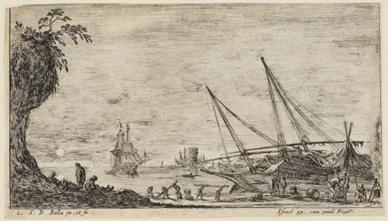 Seascapes: Seaport with Sailors and Workers Transporting Logs