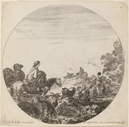 Shepherds and Flock with Woman and Camel